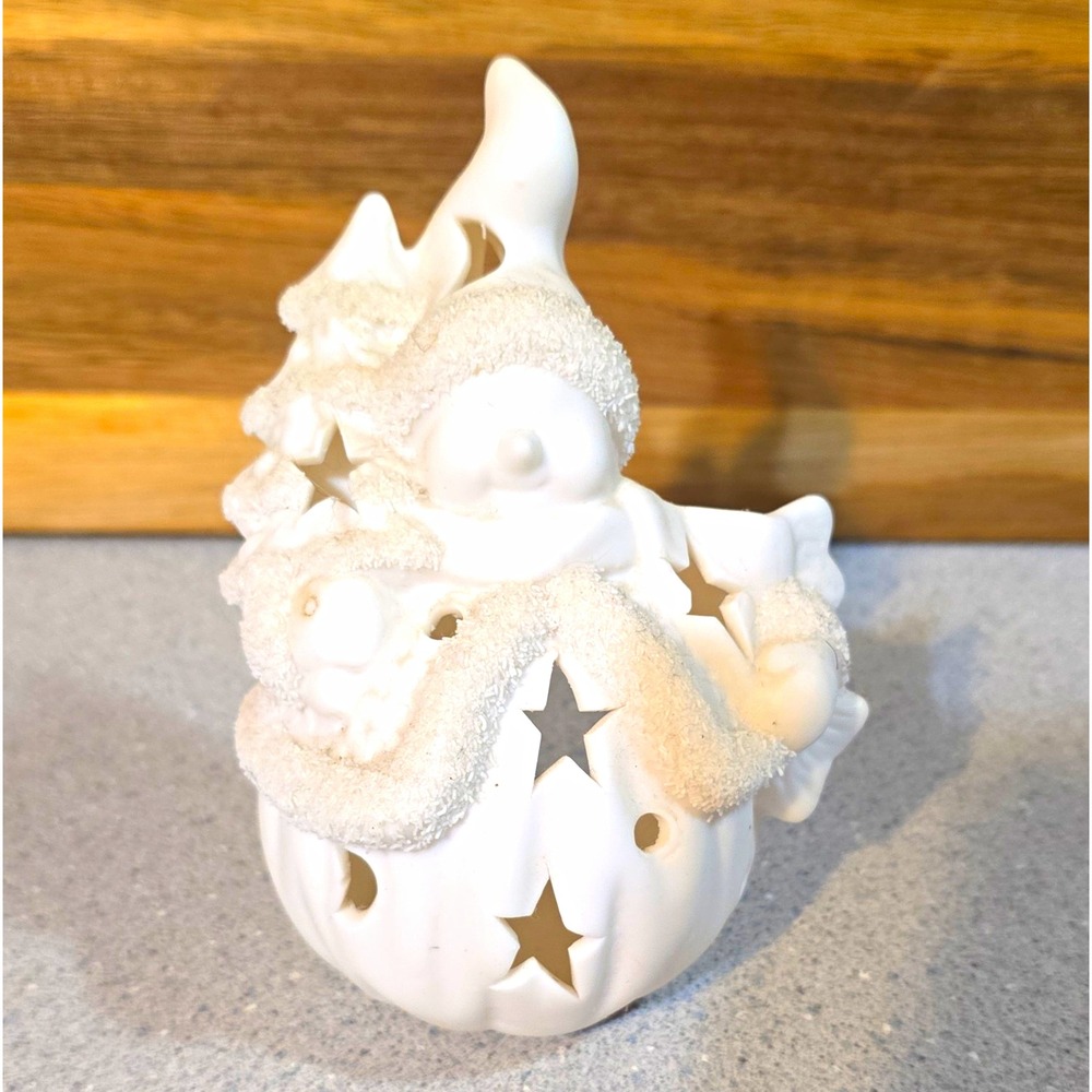 White Ceramic Snowman Star Cutout Tea Light Candle Holder, 5 in, Christmas
